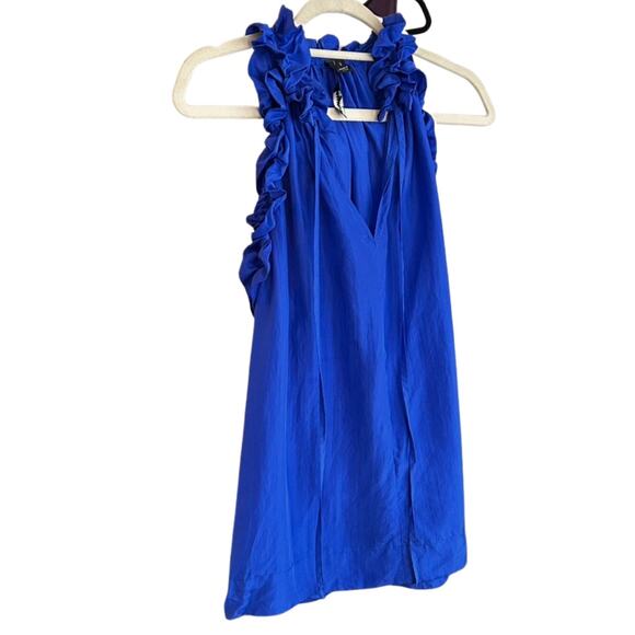 Vintage Y2K 100% Silk Ruffle Neck Sleeveless Blouse Cobalt Blue Top Size S - Picture 6 of 6